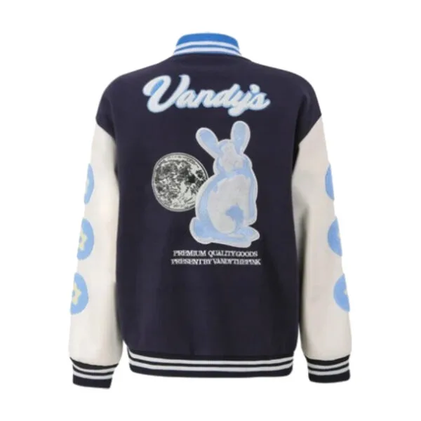 Veste Varsity Navy Et Crème Avec Lapin Et Lune, Style Vintage Moderne.