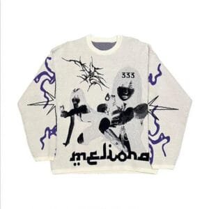 Sweatshirt crémeux artistique avec figures stylisées et le chiffre 333 en noir.