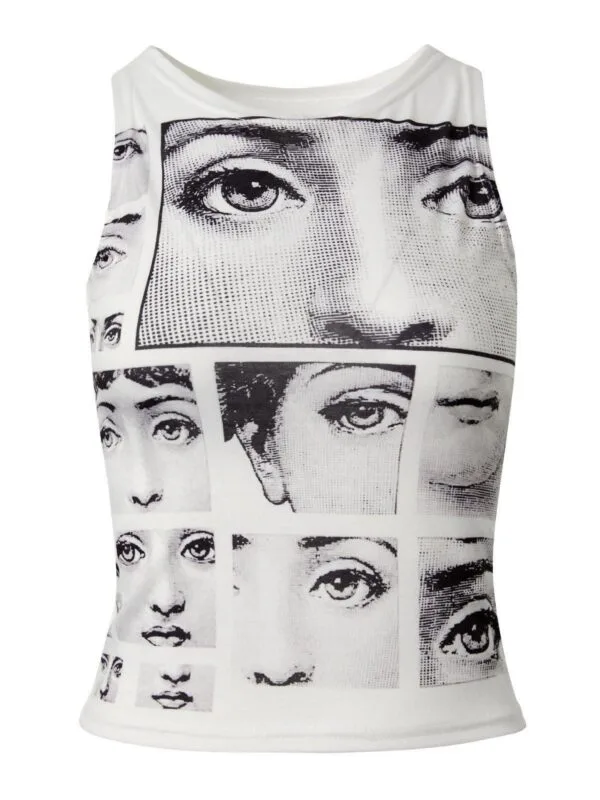 Débardeur Artistique Avec Motifs De Visages, Design Abstrait Et Monochrome, Style Contemporain.