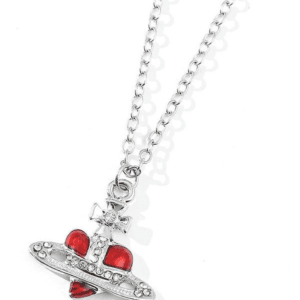 Collier Aviateur Avec Cœur Rouge, Croix Argentée Et Strass Scintillants.