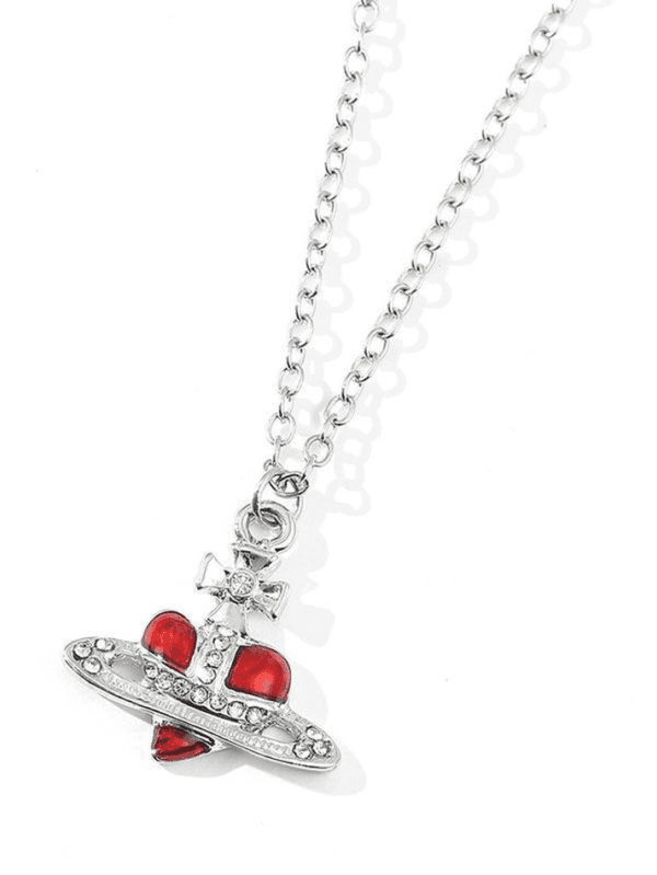 Collier Aviateur Avec Cœur Rouge, Croix Argentée Et Strass Scintillants.