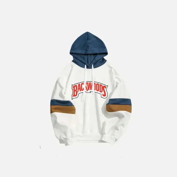 Hoodie Backwoods Blanc Et Bleu, Design Moderne Avec Imprimé Rouge, Style Casual Tendance.