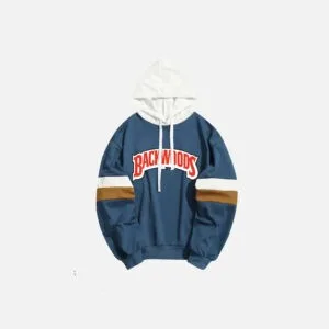 Hoodie Navy Chic Avec Texte Rouge Backwoods, Style Décontracté Et Moderne.