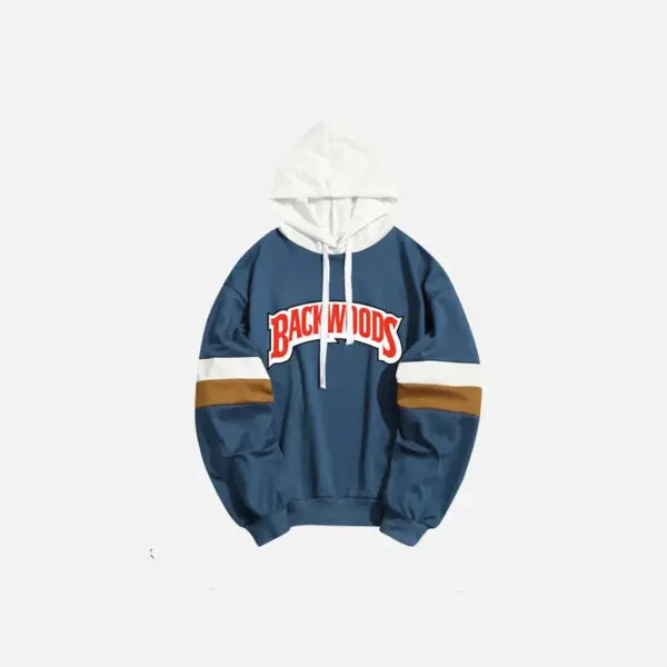 Hoodie Navy Chic Avec Texte Rouge Backwoods, Style Décontracté Et Moderne.