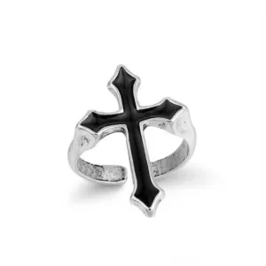 Bague En Argent Avec Croix Moderne Et Inlay Noir, Un Accessoire Tendance Et Symbolique.