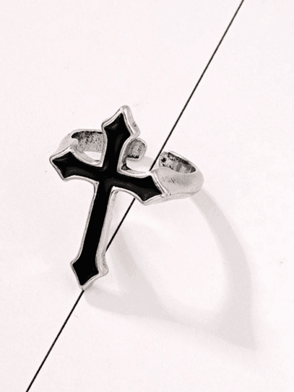 Bague Croix Moderne En Argent Avec Inlay Noire, Design Gothique Et Ajustable.