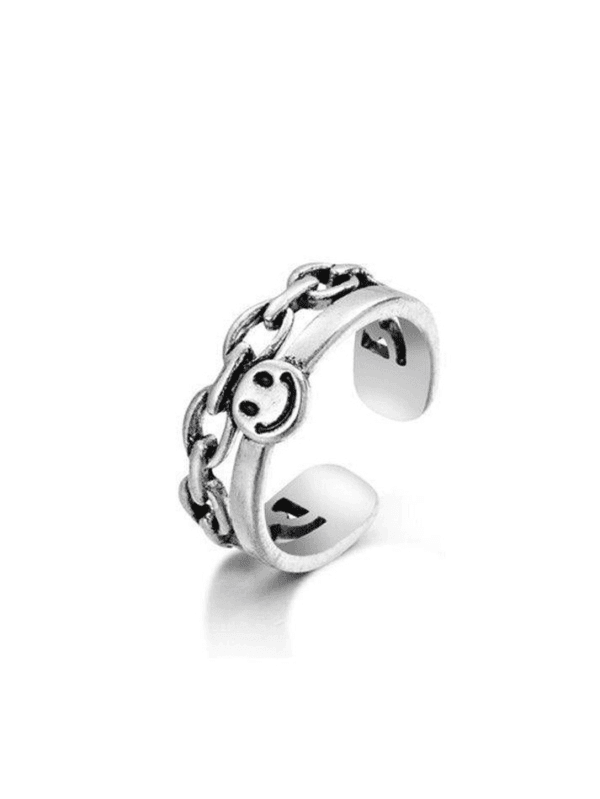 Bague Argent Moderne Avec Motif Chaînes Et Sourire, Accessoire Tendance Et Original.