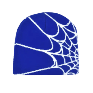 Bonnet Bleu Tendance Avec Motif De Toile Daraignée, Parfait Pour Un Style Décontracté.