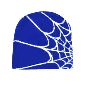 Bonnet Bleu Tendance Avec Motif De Toile Daraignée, Parfait Pour Un Style Décontracté.