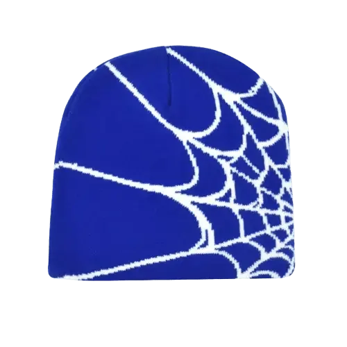 Bonnet Bleu Tendance Avec Motif De Toile Daraignée, Parfait Pour Un Style Décontracté.