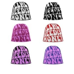 Bonnets colorés avec message humoristique sur largent pour un style tendance et ludique.