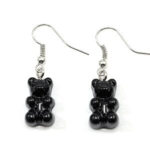 Boucles Doreilles En Forme Dours En Gomme Noire Avec Crochets Argentés, Style Ludique.