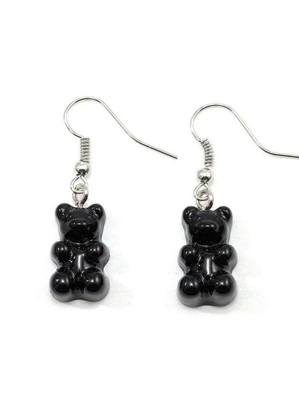 Boucles Doreilles En Forme Dours En Gomme Noire Avec Crochets Argentés, Style Ludique.