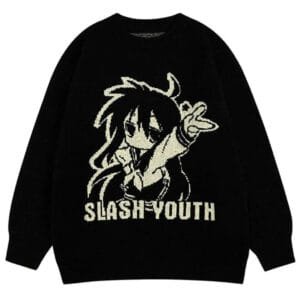 Sweater noir au design anime Slash Youth style streetwear, mode confortable et tendance.