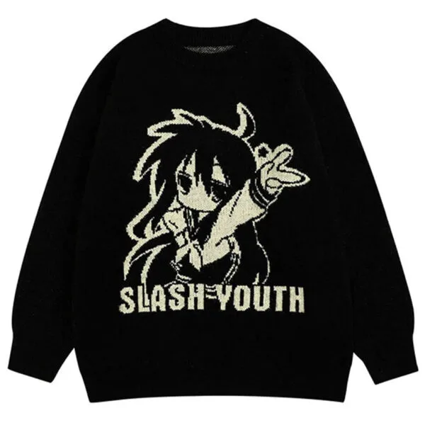 Sweater Noir Au Design Anime Slash Youth Style Streetwear, Mode Confortable Et Tendance.