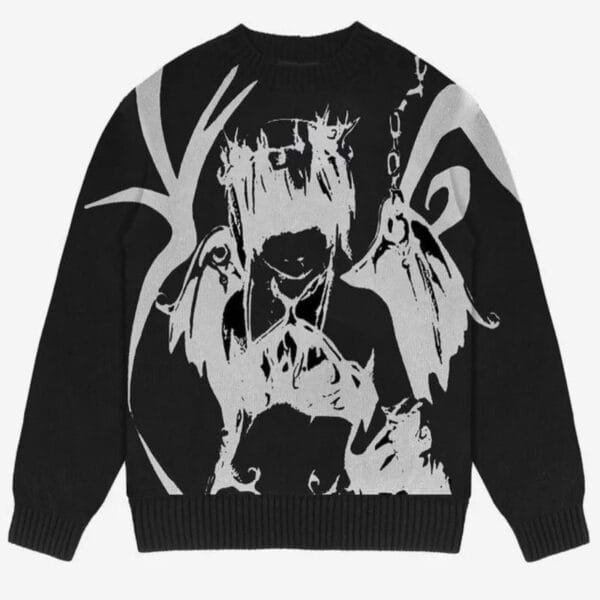 Pull Noir Avec Un Design Graphique Abstrait Et Dynamique, Parfait Pour Un Look Moderne.