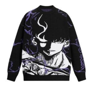 Sweater noir au design graphique vibrant, inspiré de lanime, avec accents violets.