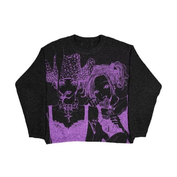 Sweatshirt Oversize Noir Avec Graphisme Violet, Chic Et Tendance, Style Streetwear Moderne.