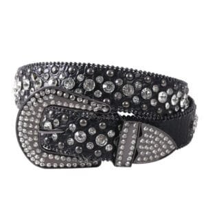 Ceinture noire à rivets brillants, style Y2K, parfaite pour accessoires audacieux et élégants.