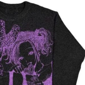 Sweater Noir Avec Un Personnage Violet Joyeux Au Style Graphique Dynamique Et Tendance.