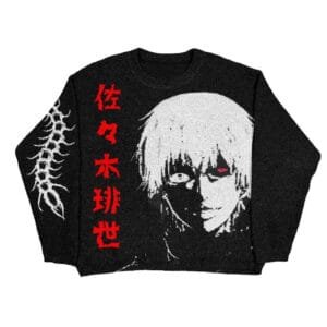 Sweatshirt noir avec design anime, personnage aux cheveux blancs et œil rouge.