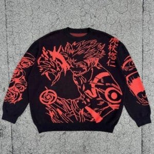 Sweatshirt noir animé avec graphismes rouges, style oversized, parfait pour les fans de culture pop.