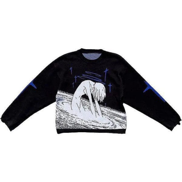 Sweatshirt Noir Avec Design Artistique Féminin, Idéal Pour Une Mode Expressive Et Unique.