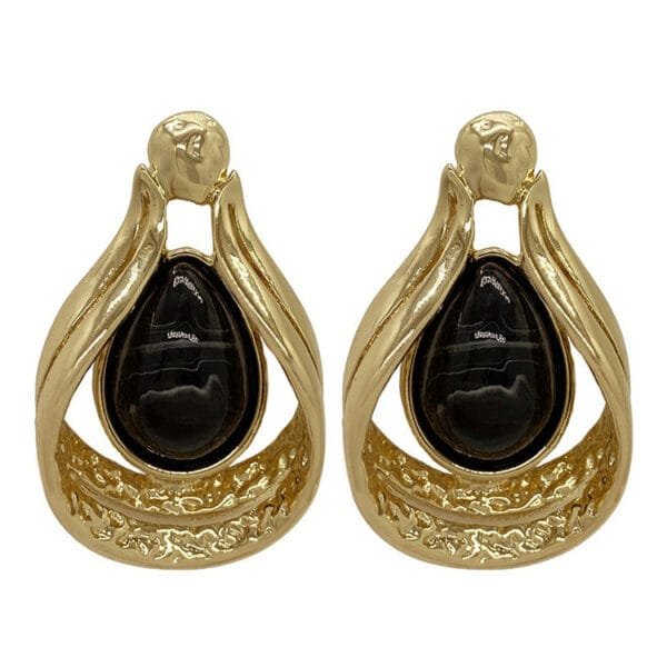 Boucles Doreilles Élégantes Avec Pierre Noire Et Métal Doré, Parfaites Pour Toutes Occasions.