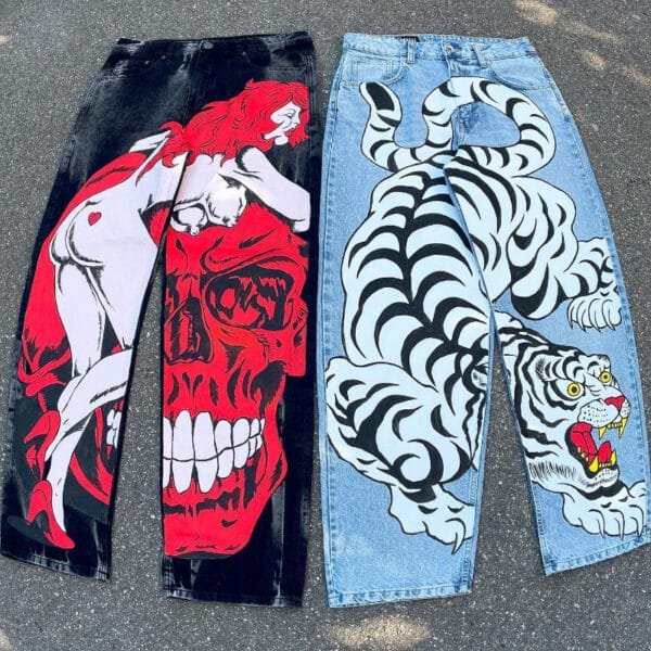 Pantalons Stylés Avec Graphiques Audacieux : Crâne Et Tigre, Mode Originale Y2K.