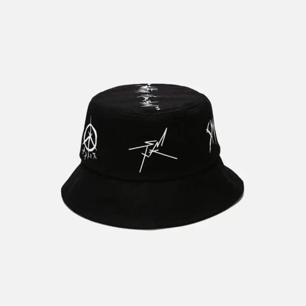 Chapeau Bob Noir Stylé Avec Symbole De Paix, Tendance Y2K, Idéal Pour Toutes Occasions.