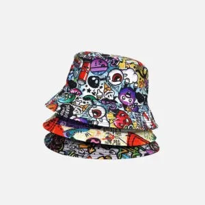 Chapeau bucket coloré au style urbain, motif graphique animé et créatif pour une mode unique.