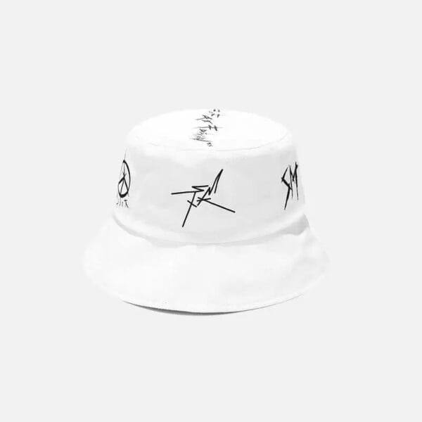 Chapeau Bucket Blanc Avec Motifs Graphiques, Tendance Y2K Pour Une Allure Moderne Et Stylée.