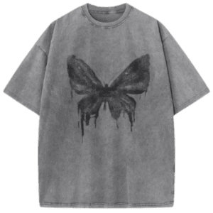 T-Shirt Gris Oversize Avec Design De Papillon Artistique Et Effet Goutte - Style Y2K.