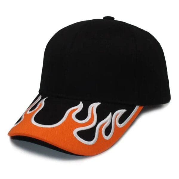 Casquette Noire Y2K Avec Visière À Motifs De Flammes Orange, Style Audacieux Et Tendance.