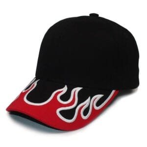 Casquette Noire Avec Visière Rouge Ornée De Flammes Éclatantes, Style Dynamique Et Moderne.