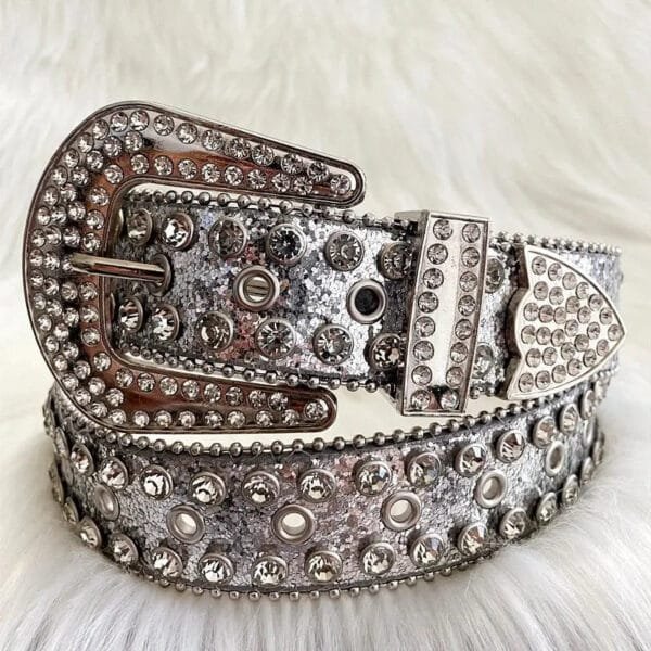 Ceinture Argentée Brillante Avec Boucle Vintage Et Embellissements Scintillants Pour Un Look Unique.