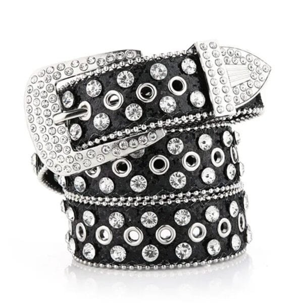 Ceinture Noire Élégante Avec Studs Et Cristaux, Parfaite Pour Un Look Audacieux Et Tendance.