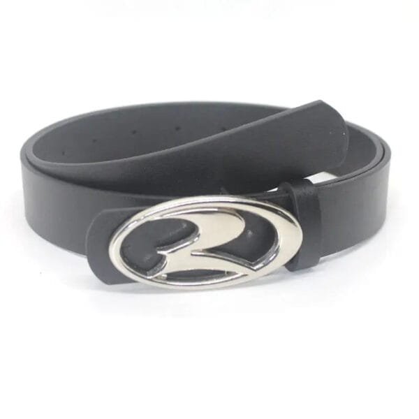 Ceinture En Cuir Noir Avec Boucle R En Métal Brillant, Élégante Et Polyvalente.