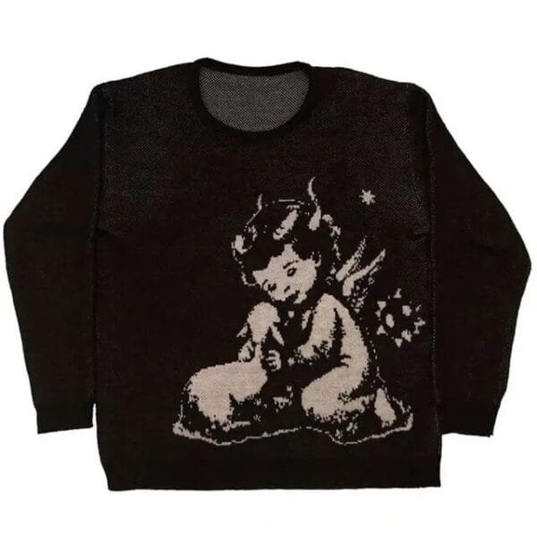 Pull En Noir Avec Un Enfant Angélique, Étoiles Brillantes Et Design Ludique Et Confortable.