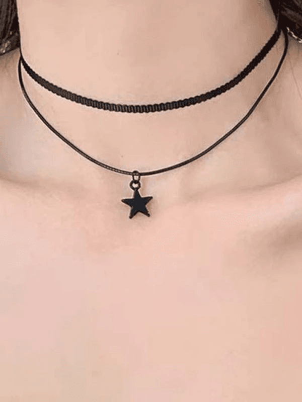 Collier Choker Noir À Deux Couches Avec Pendentif Étoile, Chic Et Tendance.