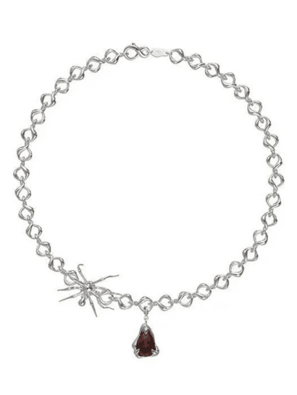 Collier En Argent Avec Charm Araignée Et Pendentif Rouge Captivant, Un Bijou Unique Et Audacieux.