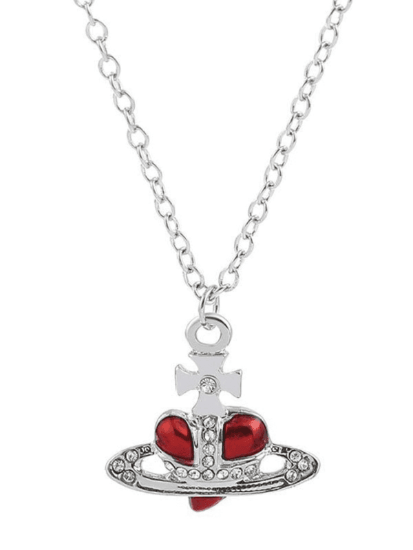 Collier Élégant En Forme De Couronne Avec Cœur Rouge En Strass, Idéal Pour Vos Tenues.