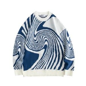 Pull Ample En Bleu Marine Et Ivoire Avec Motif Abstrait Dynamique Et Confortable.