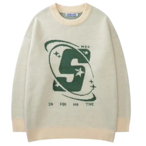 Pull Beige Confortable Avec Un Design Graphique Original, Parfait Pour Un Style Décontracté.