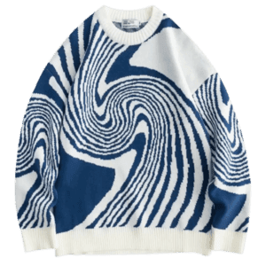 Pull en maille blanc et bleu à motifs tourbillonnants, tendance et confortable.