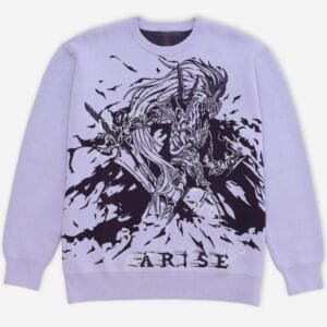 Sweatshirt violet graphique ARISE, style Y2K avec illustration fantasy dynamique et message inspirant.