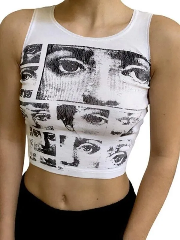 Top Court Graphique Avec Yeux Artistiques, Parfait Pour Un Style Moderne Et Audacieux.