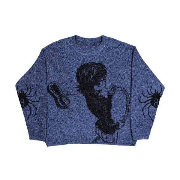 Pull En Maille Bleu Marine Avec Personnage Ludique Et Araignées Stylisées.