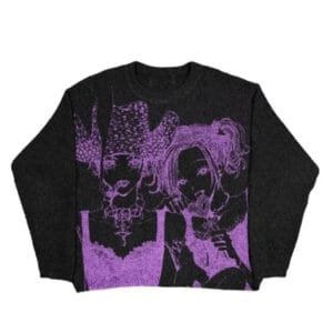 Pull Cropped Noir Avec Graphisme Violet Artistique, Mélange De Mode Et D’art Contemporain.