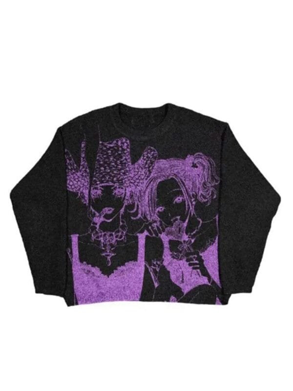 Pull Cropped Noir Avec Graphisme Violet Artistique, Mélange De Mode Et D’art Contemporain.